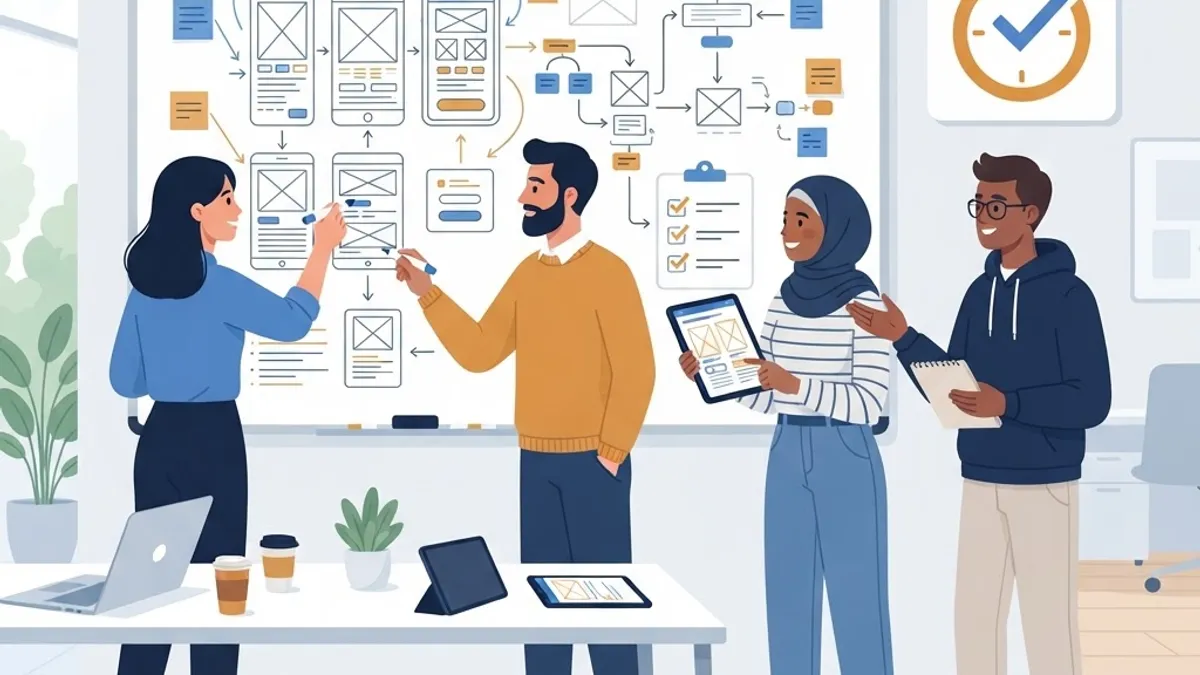 Team planning a custom web application build with wireframes and a checklist