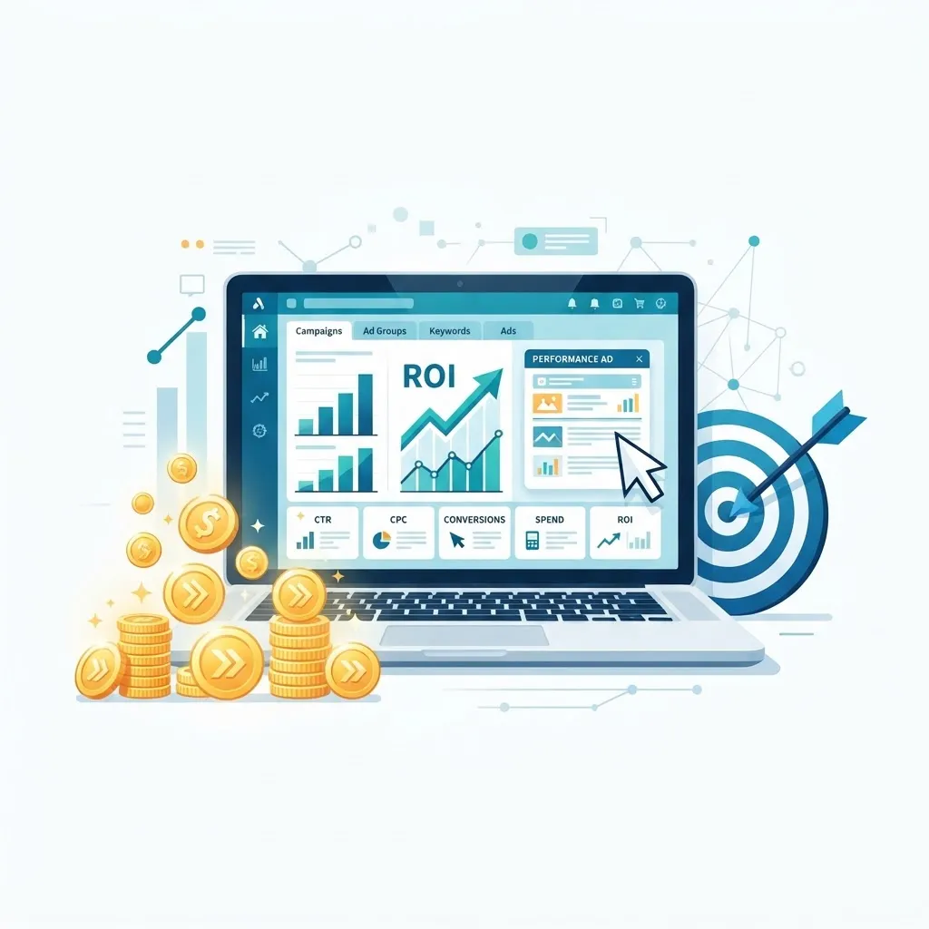 PPC advertising management dashboard showing ROI for a small business