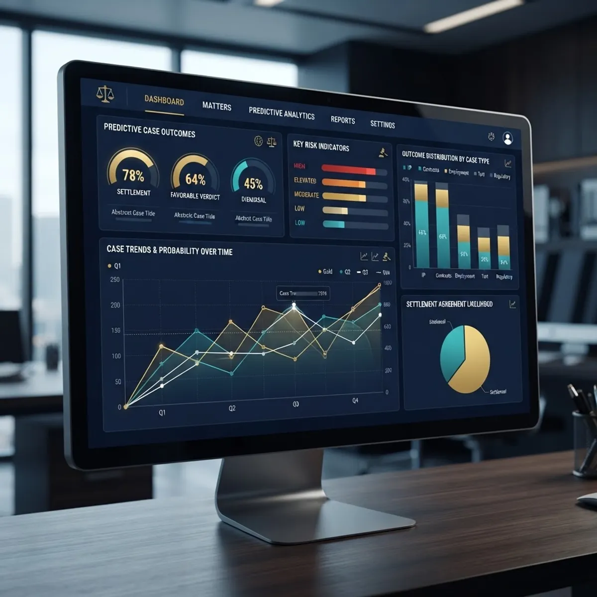 Predictive legal analytics dashboard showing outcome probabilities and risk scores