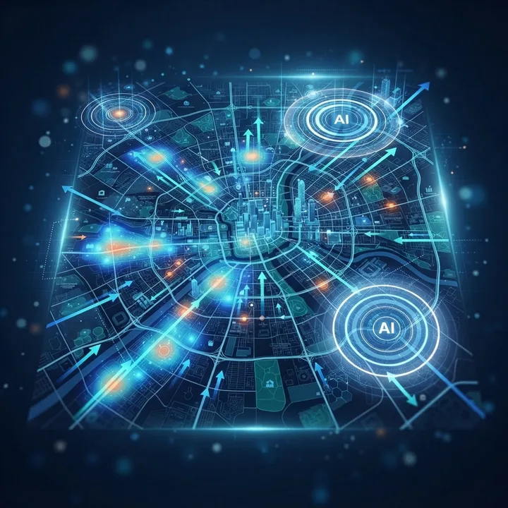 Predictive location analytics map with forecast heatmaps and trend zones