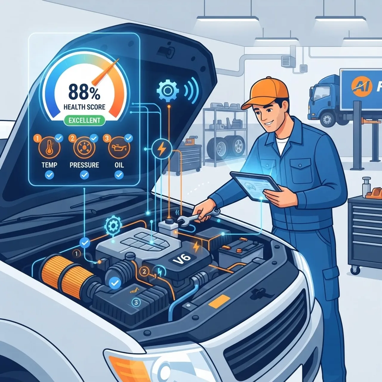 Predictive maintenance with AI engine diagnostics and health score gauge
