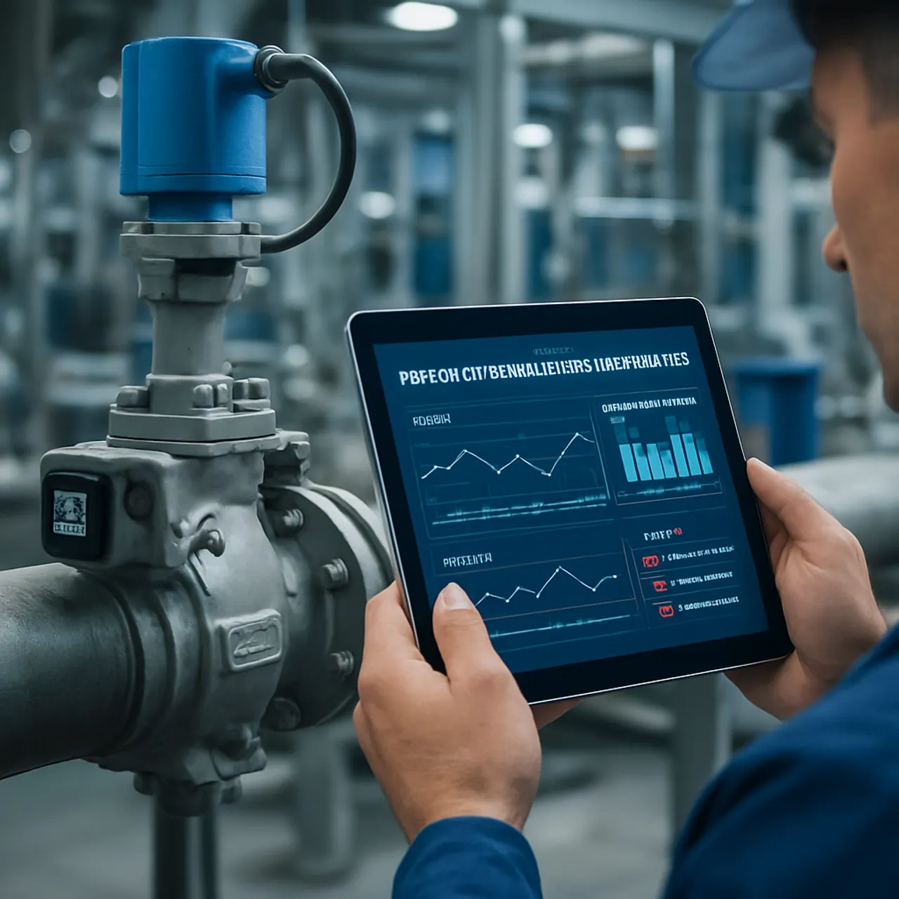 Engineer reviewing a predictive maintenance dashboard on a smart industrial valve