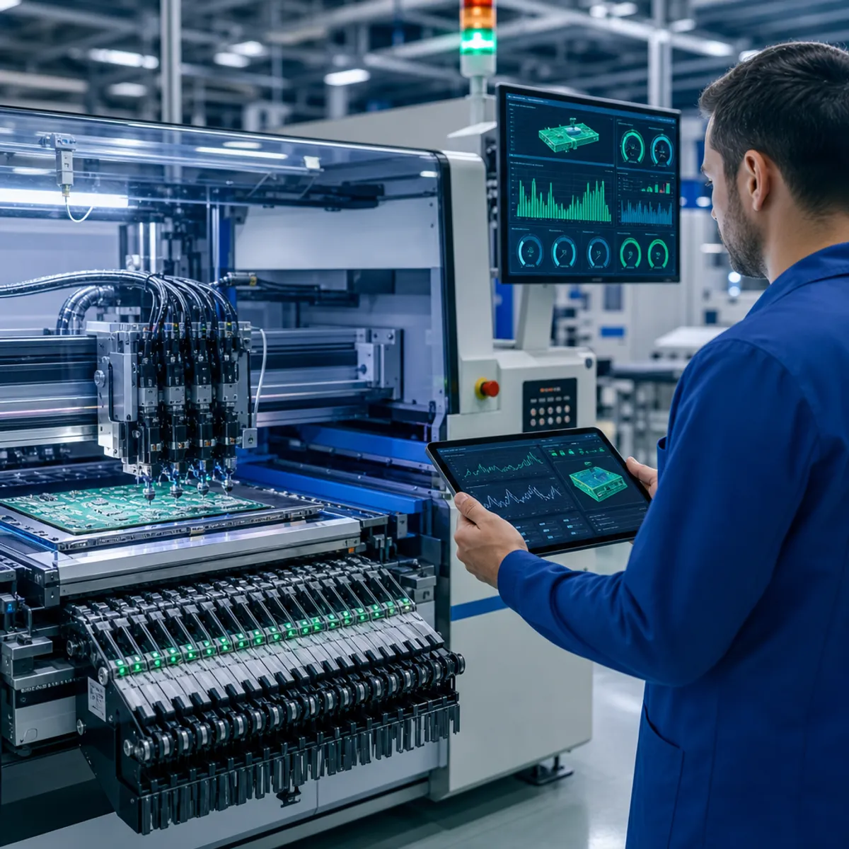Technician viewing predictive maintenance analytics on an SMT line tablet