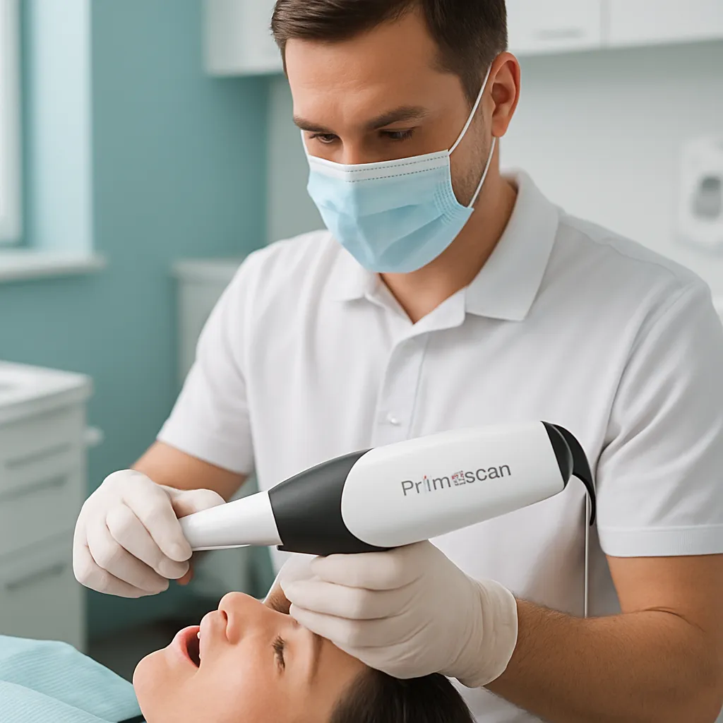 Dentist using CEREC Primescan intraoral scanner on a patient