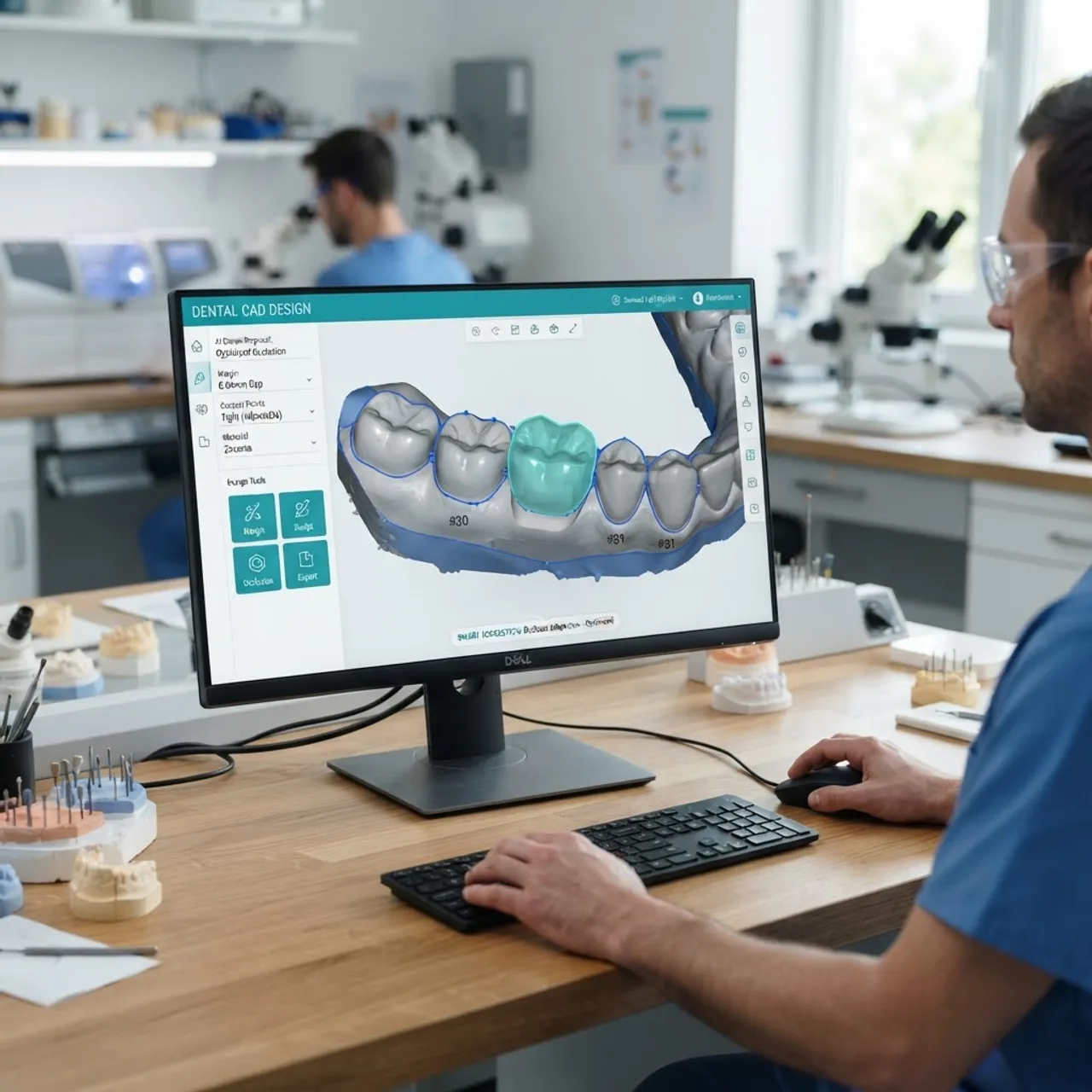 AI designed dental crown restoration in CAD software over a 3D tooth model