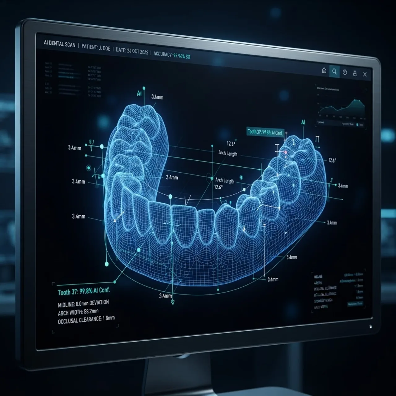 AI enhanced 3D dental scan accuracy visualization with measurement markers