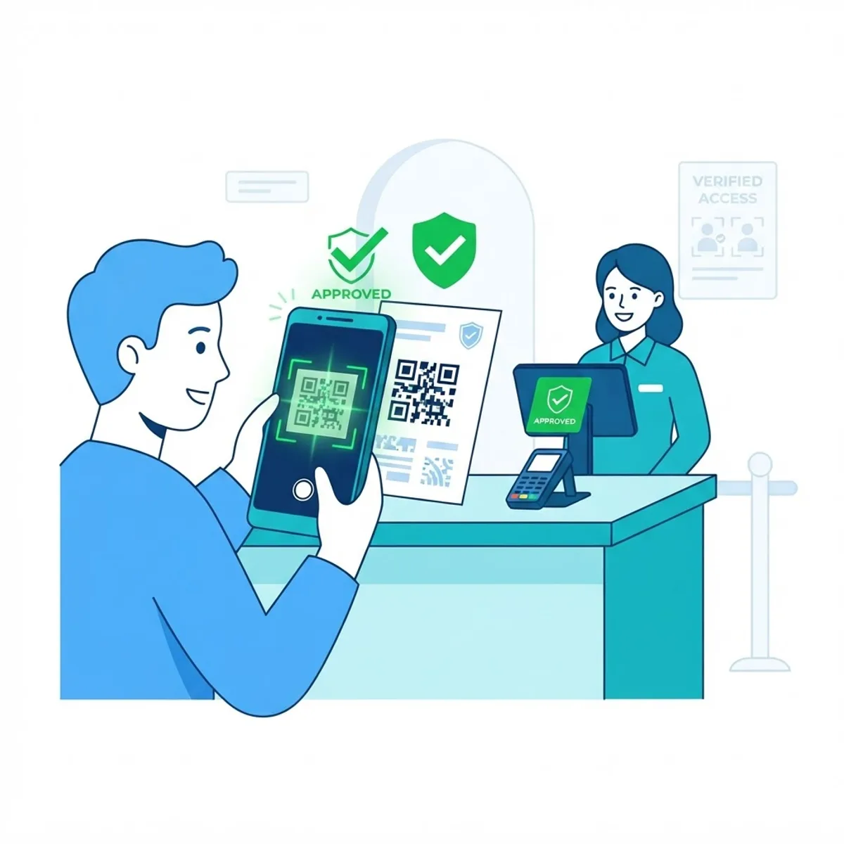 Illustration of a phone scanning a QR code on a vaccine passport with an approved indicator