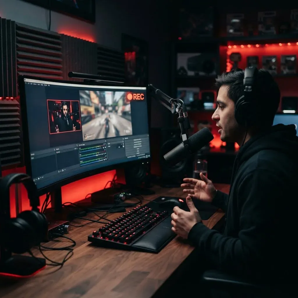 Content creator recording setup with microphone and capture indicator