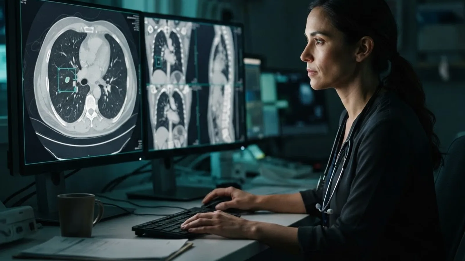 Radiologist reviewing a CT scan with an AI overlay highlighting a nodule