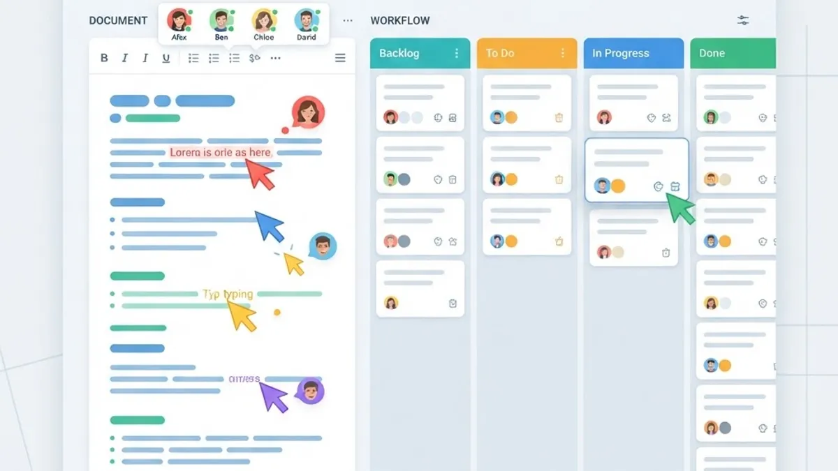 Real-time collaboration web app example with shared editor cursors and kanban board
