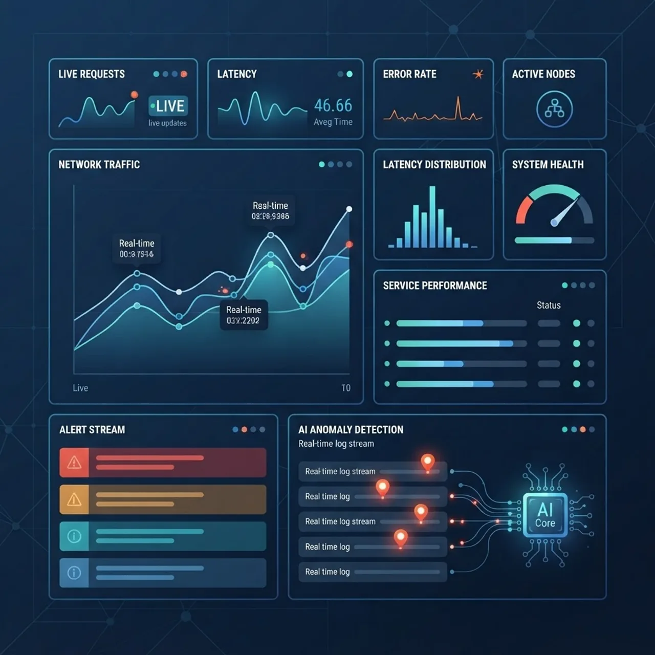 Real-time monitoring dashboard with AI anomaly detection and live charts