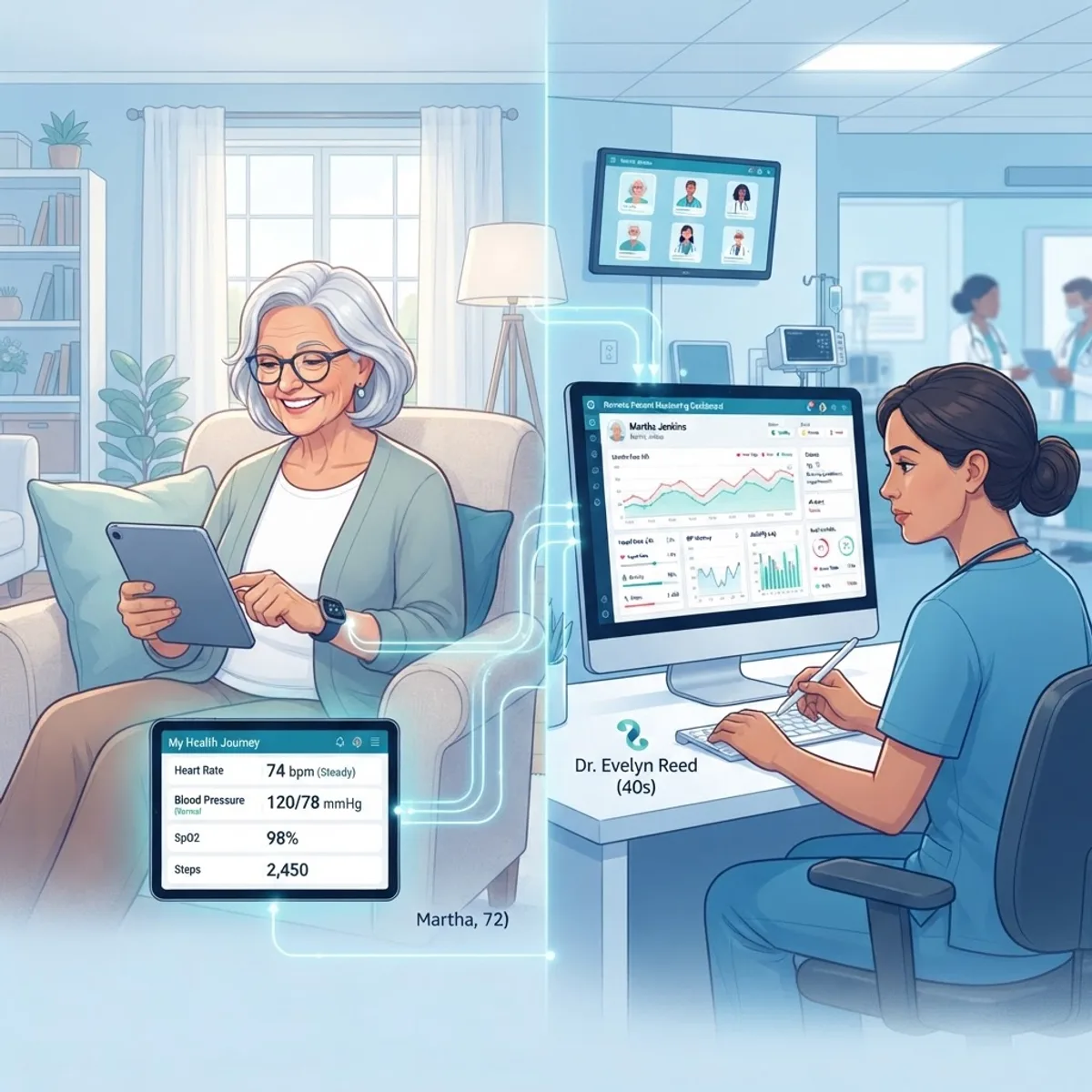 AI remote patient monitoring dashboard tracking senior vitals