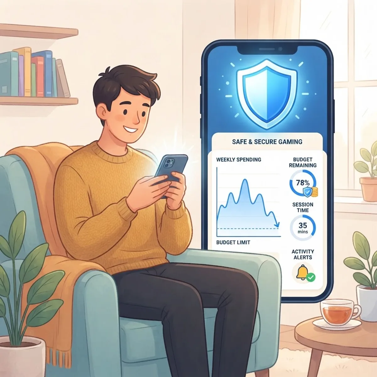 Smartphone app with shield icon and budget tracking for responsible gambling