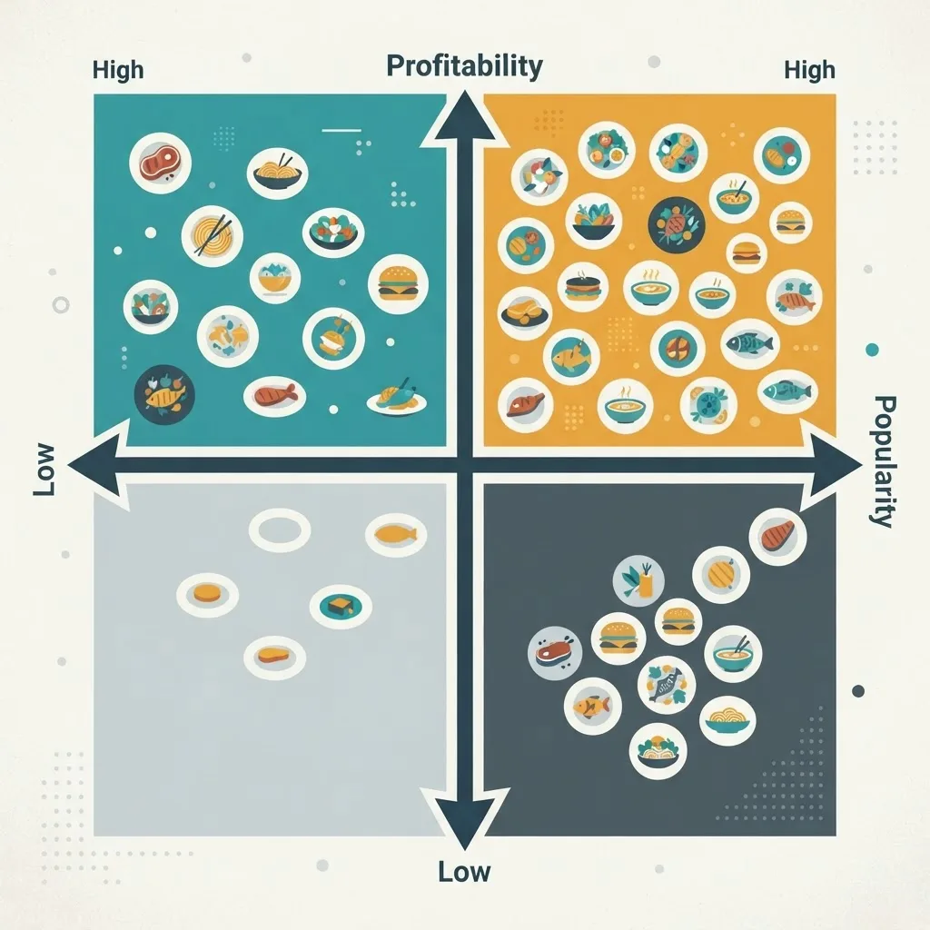 Menu engineering matrix chart classifying dishes by profitability and popularity