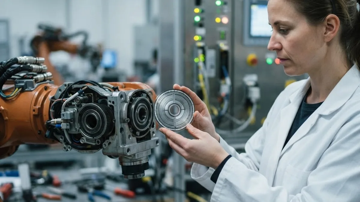 Engineer inspecting a rotary absolute encoder beside a robot arm joint
