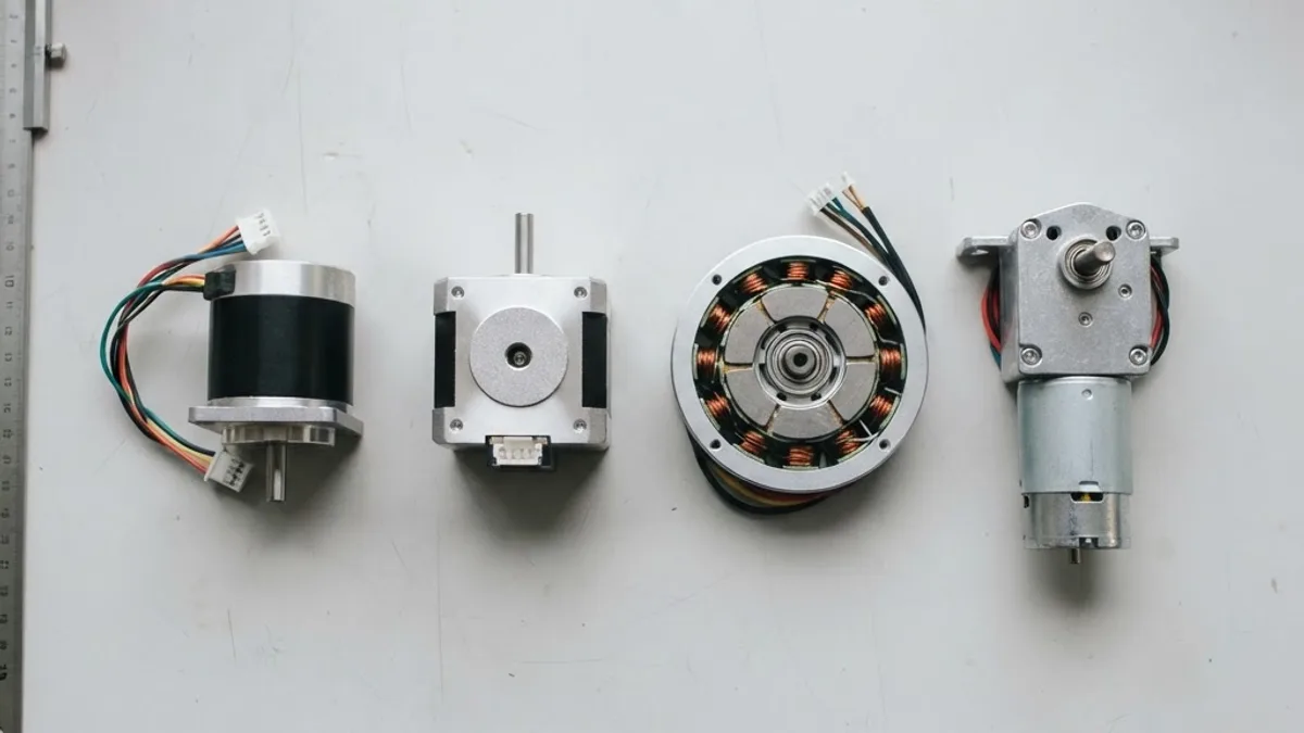 Servo, stepper, brushless DC and gearmotor laid out on a workbench