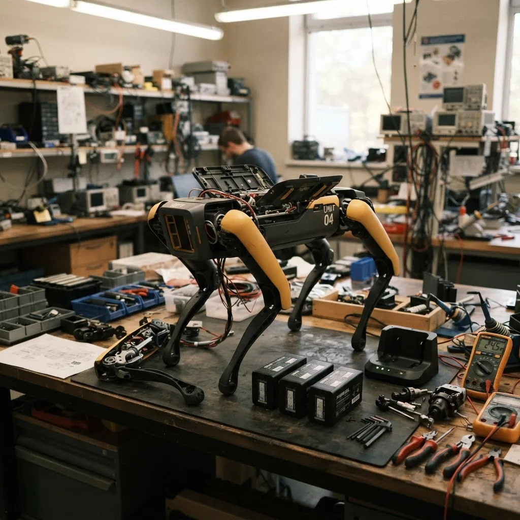 Robot dog maintenance parts and spare batteries on a workbench