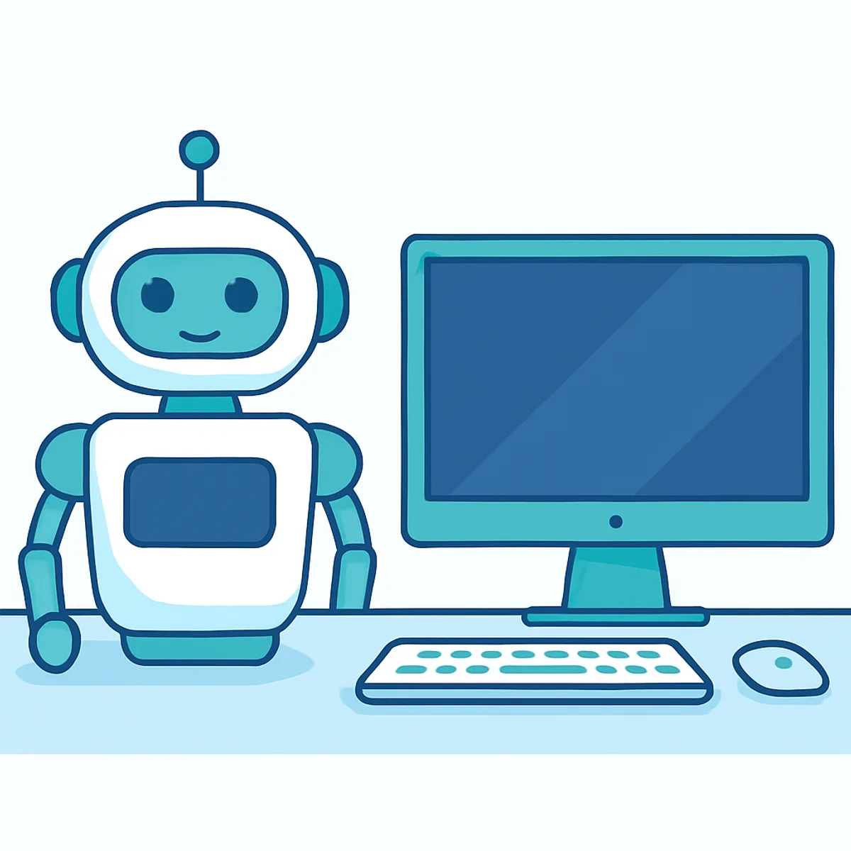 Robot and computer shown side by side on a clean desk
