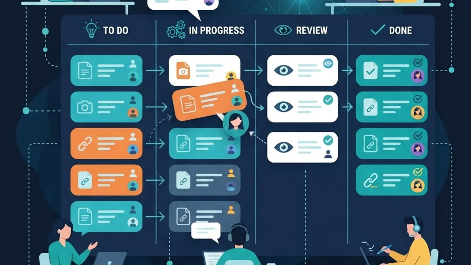 Distributed content team collaborating on a Rock Content Cloud workflow board