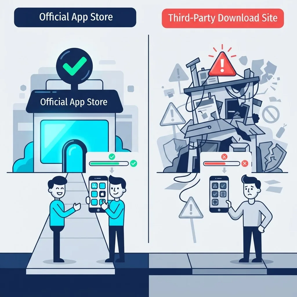 Comparison of official app store download versus unknown third-party APK mirror site