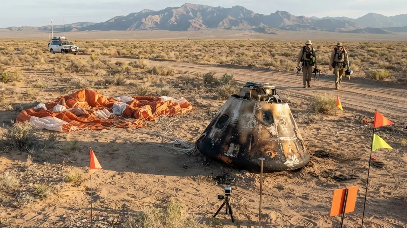 Sample return capsule recovered on a desert landing range