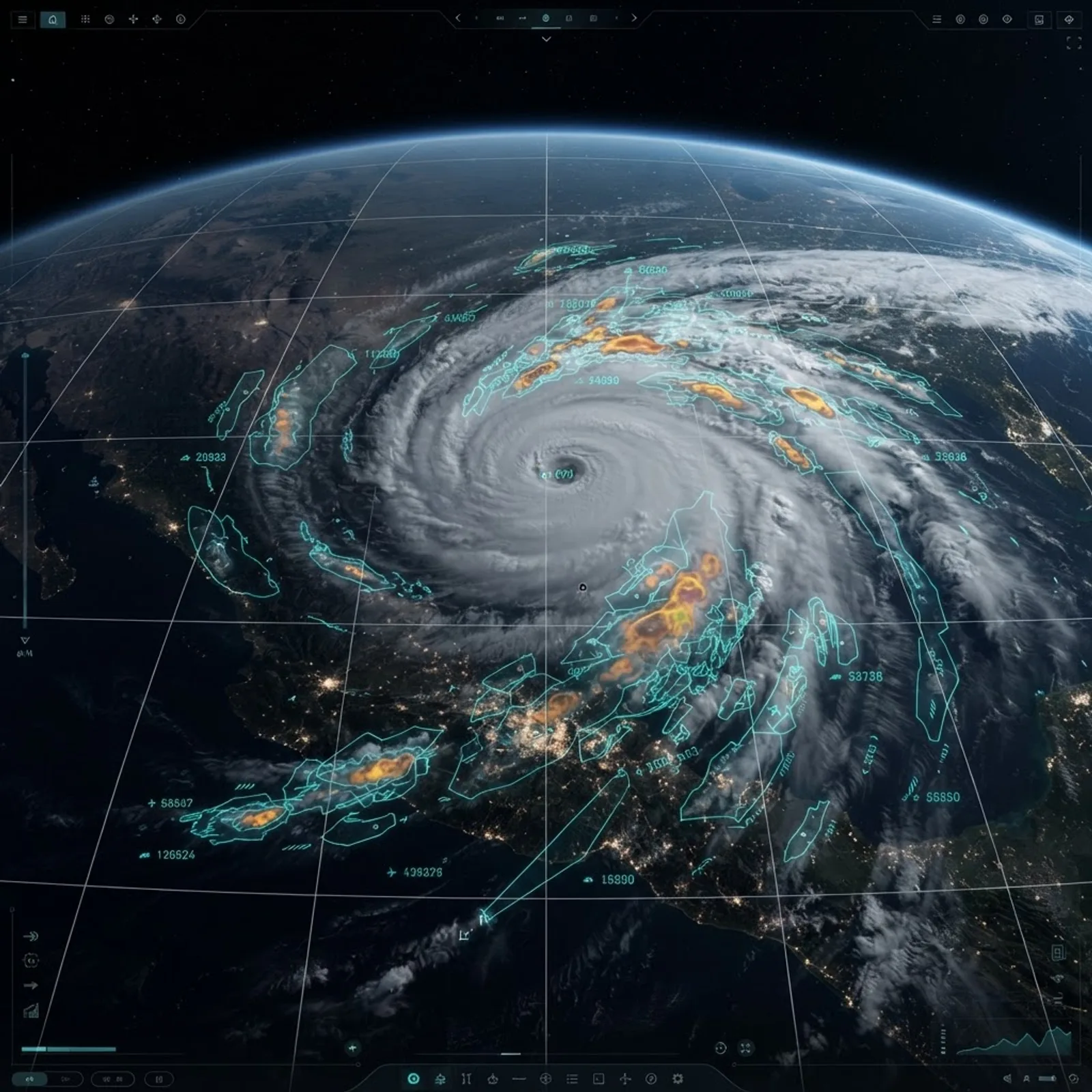 Satellite imagery with AI storm tracking overlay across a coastline