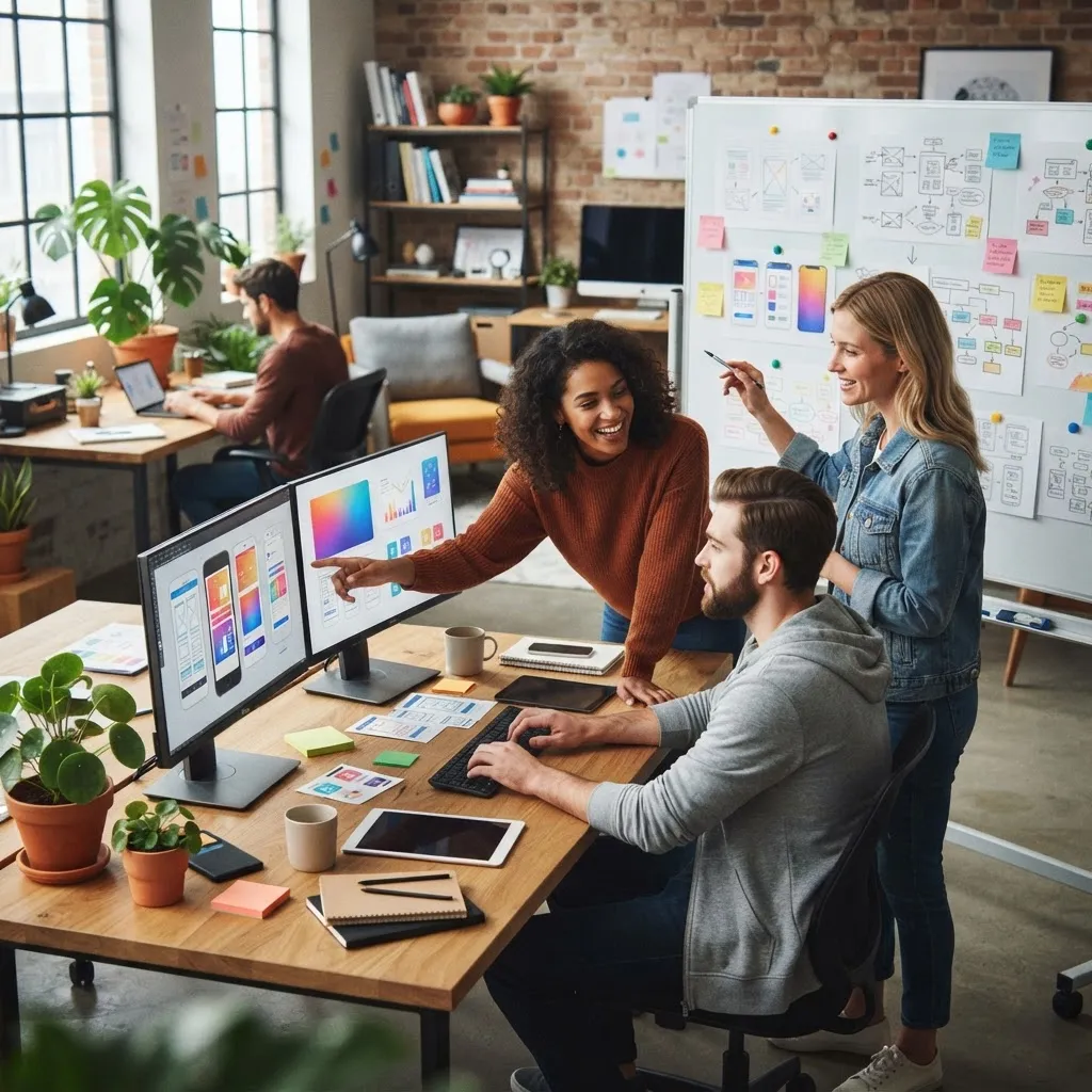 Small design team collaborating in a growing studio with sketches and dual monitors