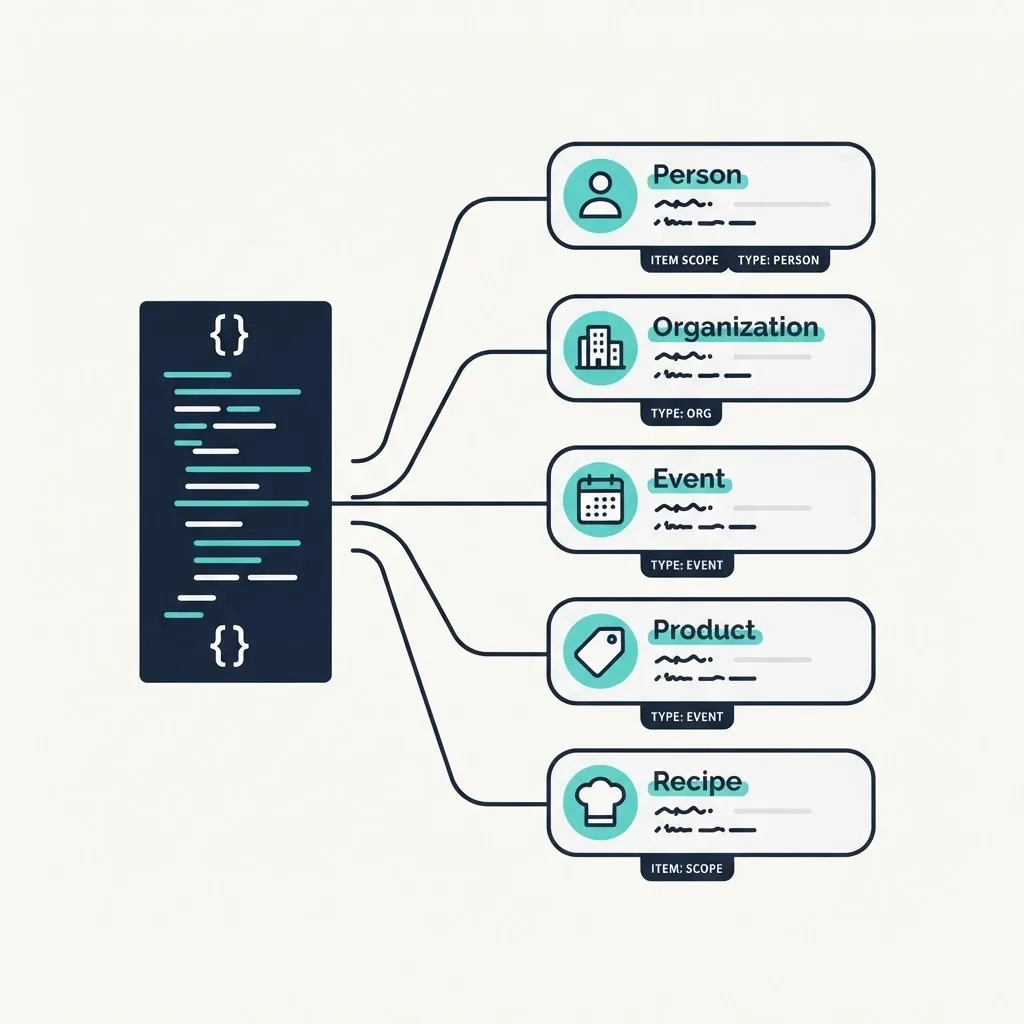 Structured data code block connected to entity nodes for article, author and organization