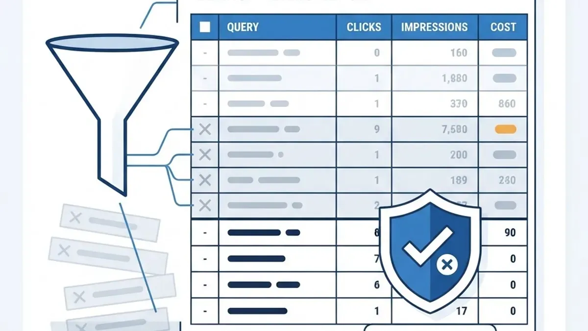 Search terms report filtering with negative keywords
