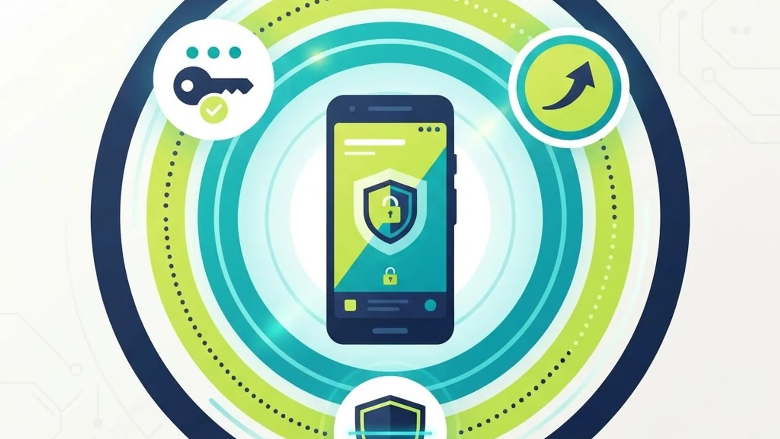 Secure Android device hygiene steps shown as security layers, update badge and scanning shield