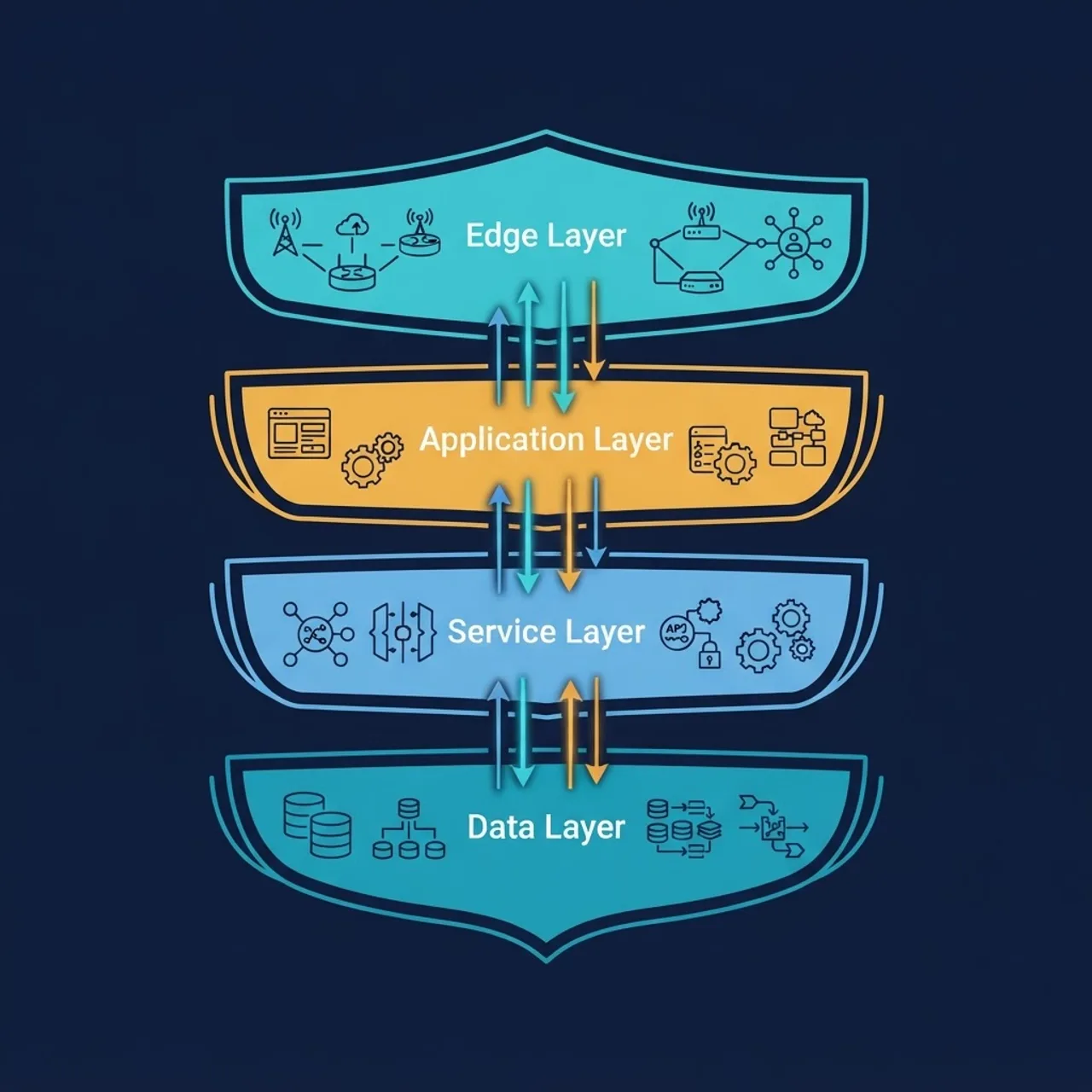 Layered secure architecture diagram with shielded edge, application, service, and data tiers