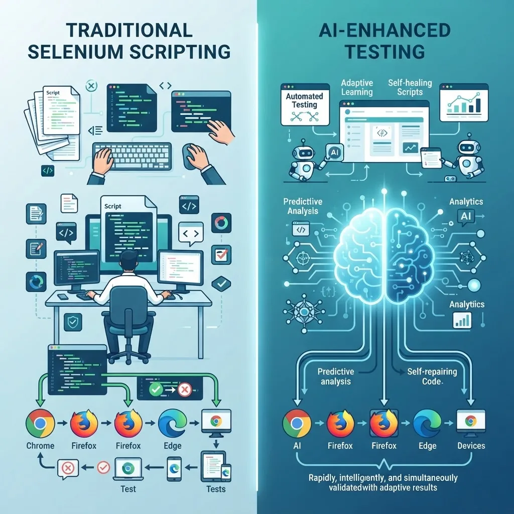 Selenium versus AI testing comparison illustration