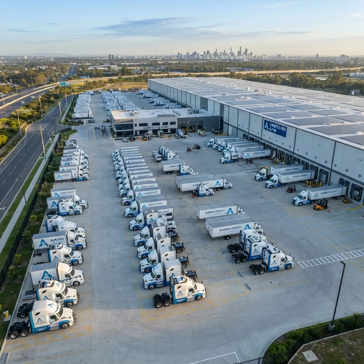 Fleet of autonomous freight trucks at a modern logistics depot, aerial view