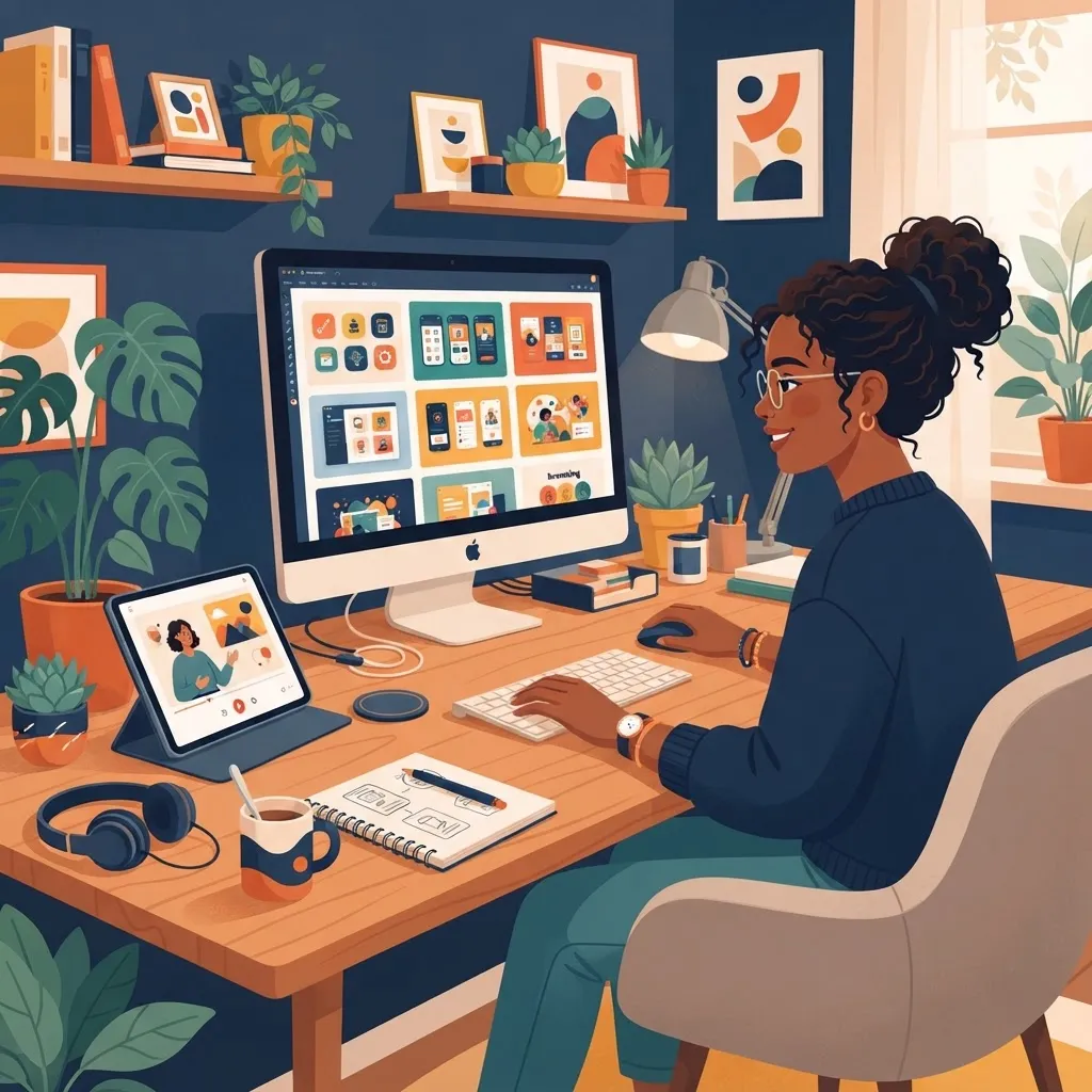 Self-taught designer building a portfolio at a home workstation with online courses
