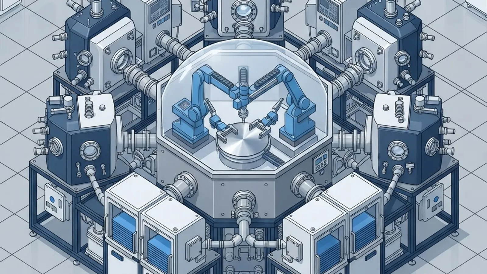 Isometric diagram of a semiconductor cluster tool with a central vacuum transfer chamber and radial process modules
