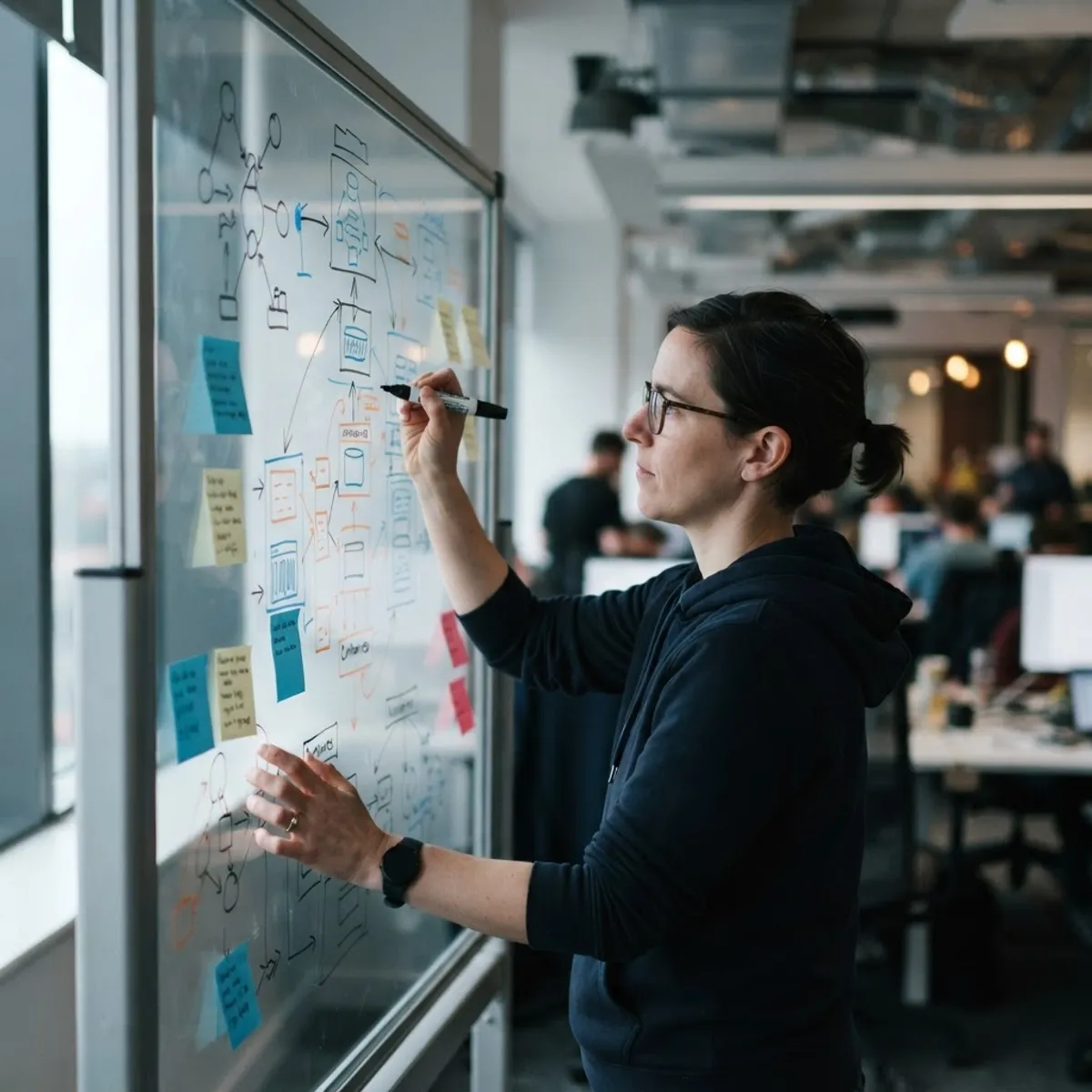 Engineer sketching a distributed system design on a glass whiteboard