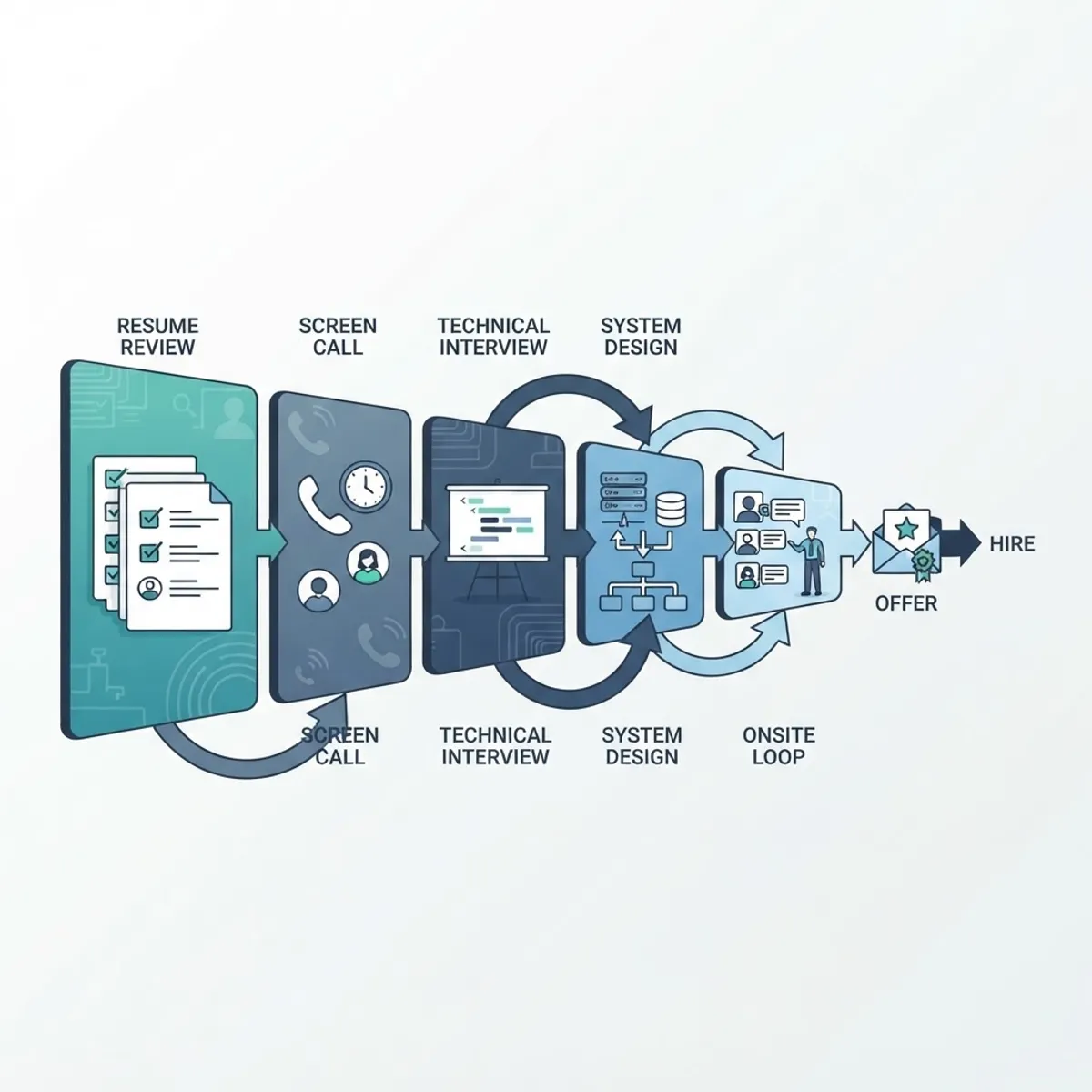 Diagram of a five stage technical hiring pipeline from resume to offer