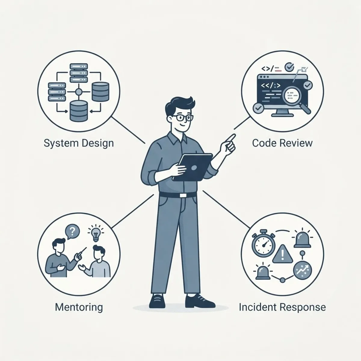 Illustration of senior engineer responsibilities across design, review, mentoring and on-call