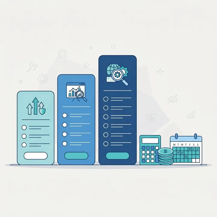 Illustration of SEO agency pricing models with plan cards, calculator, and monthly calendar