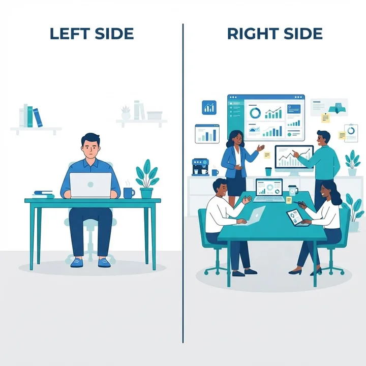 Comparison illustration showing a single freelancer on one side and a full agency team on the other