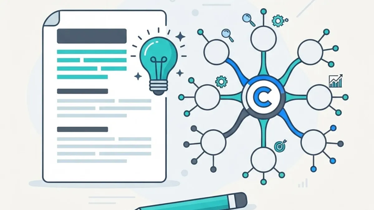 Content strategy illustration with topic cluster diagram and document structure