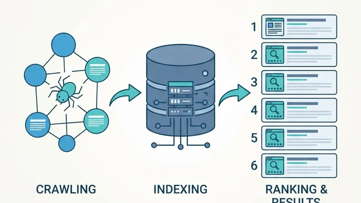Diagram showing crawling, indexing, and ranking stages of a search engine