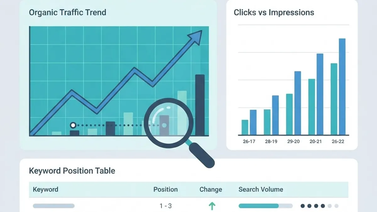 SEO analytics dashboard with upward trend line and keyword position table