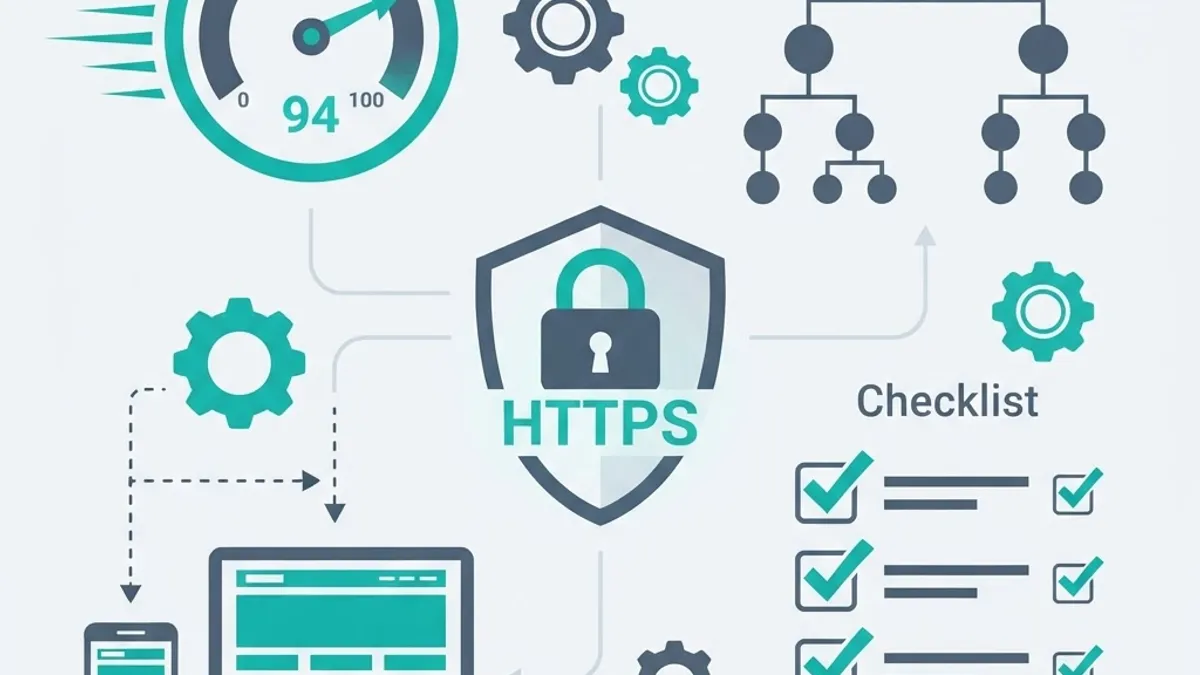 Technical SEO checklist with speed gauge, mobile icons, sitemap, and HTTPS shield