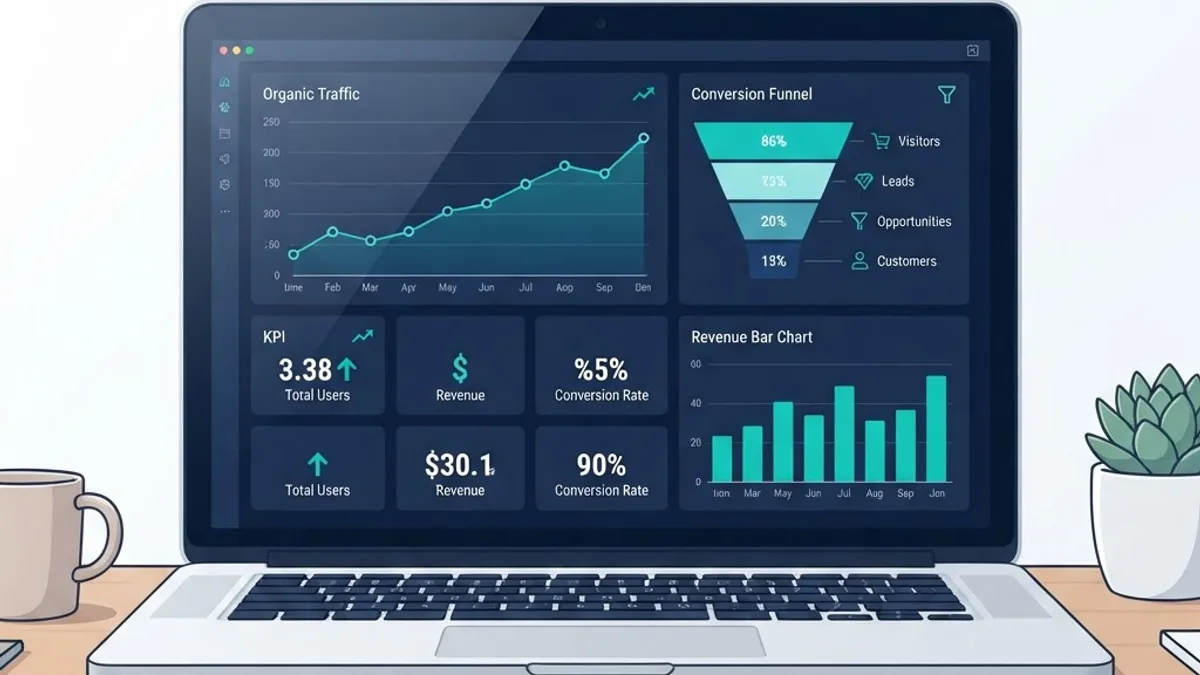 Analytics dashboard showing organic traffic, conversions and revenue