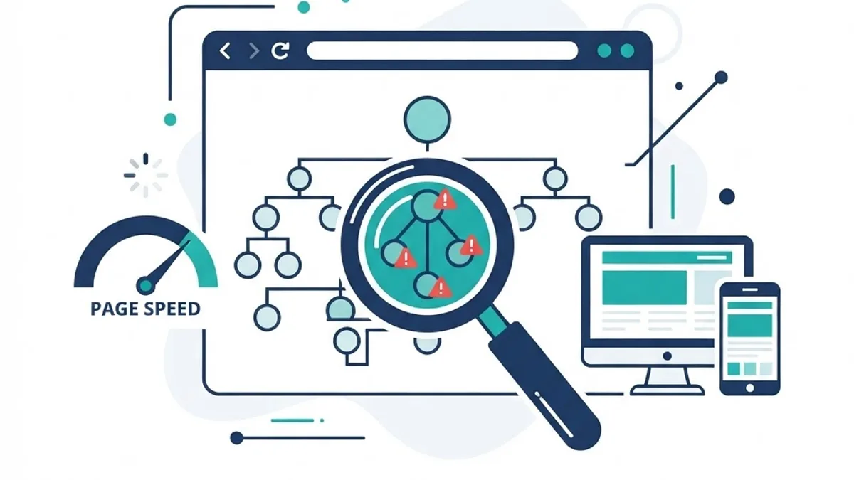 Technical website audit with crawl errors, page speed and sitemap diagram