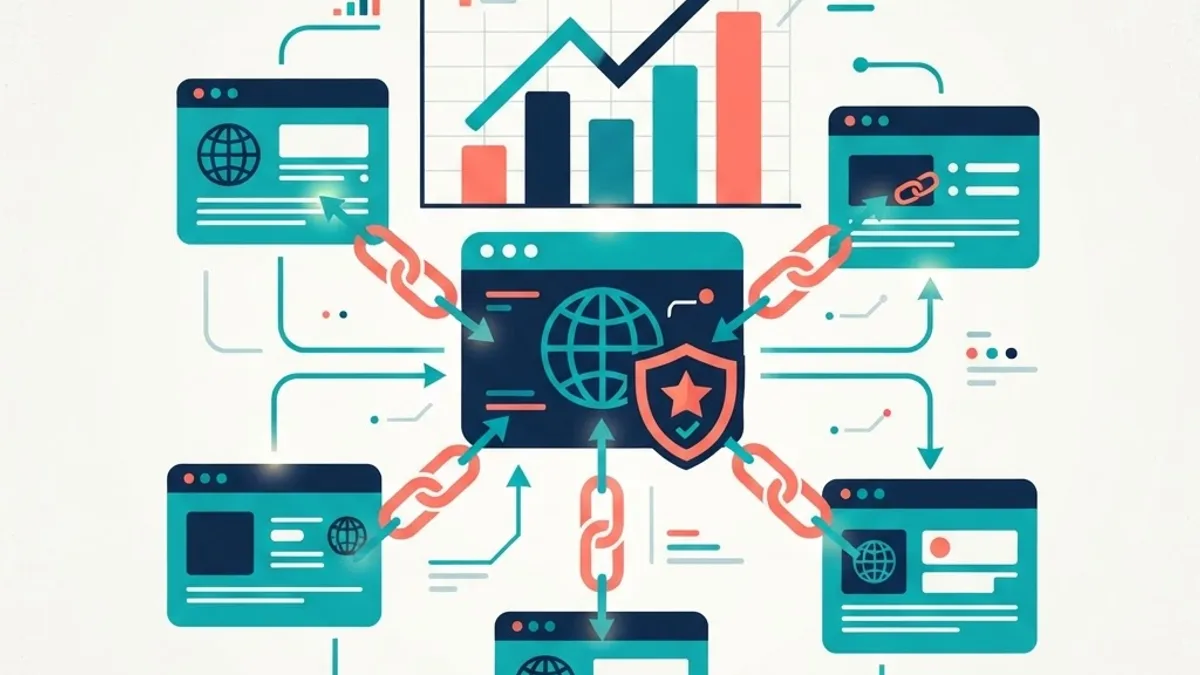 Backlink network illustration with linked website nodes and authority badge