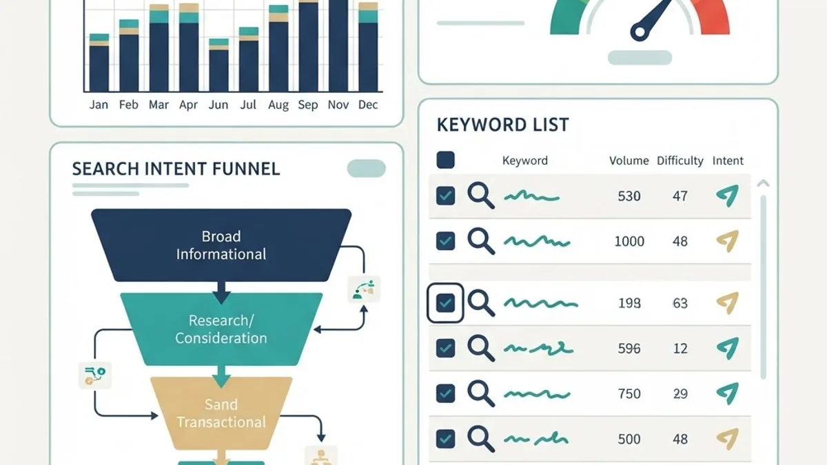 Keyword metrics dashboard with volume chart, difficulty gauge and intent funnel