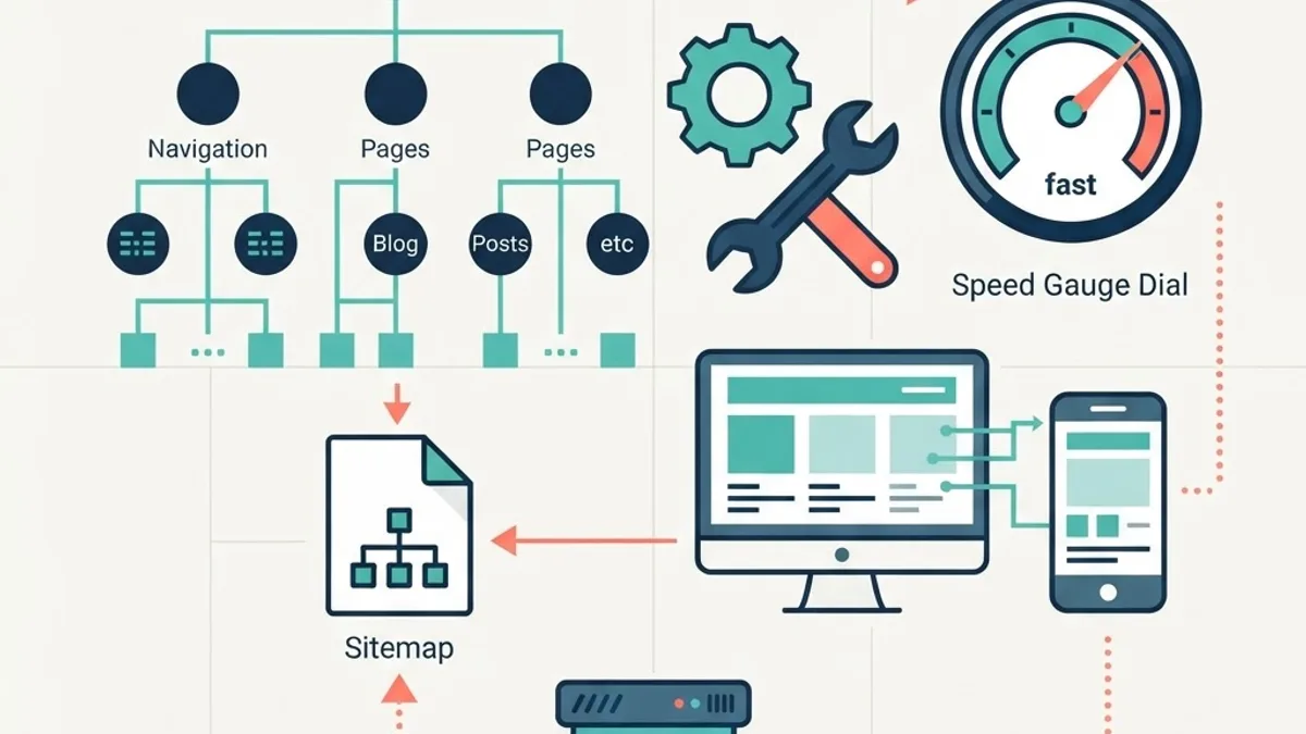 Technical SEO diagram with site architecture, sitemap and speed gauge