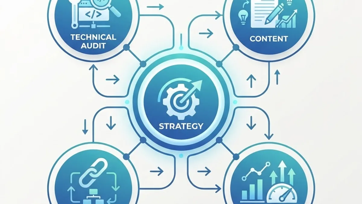 SEO strategy hub connecting audit, content, links and analytics